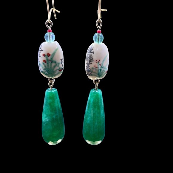 Porcelain Green Glass Drop Earrings Artsy Boho Statement Festival Eclectic Gift - Picture 3 of 6